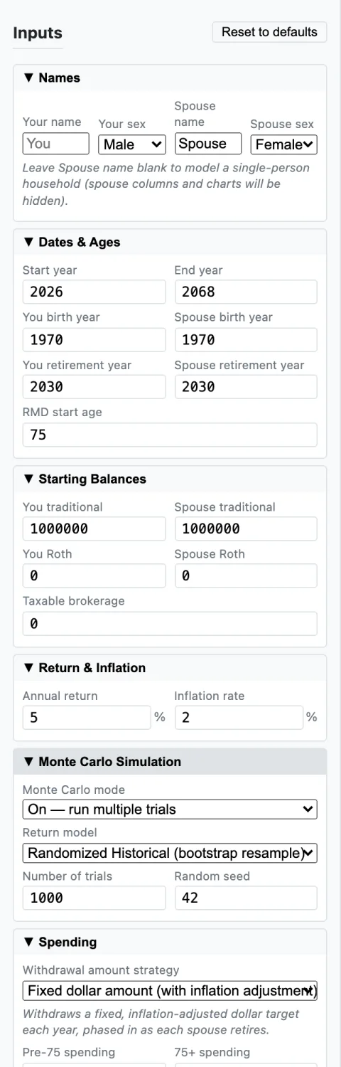 Retirement Simulator collapsible inputs panel covering names, dates, balances, returns, Monte Carlo settings, and spending
